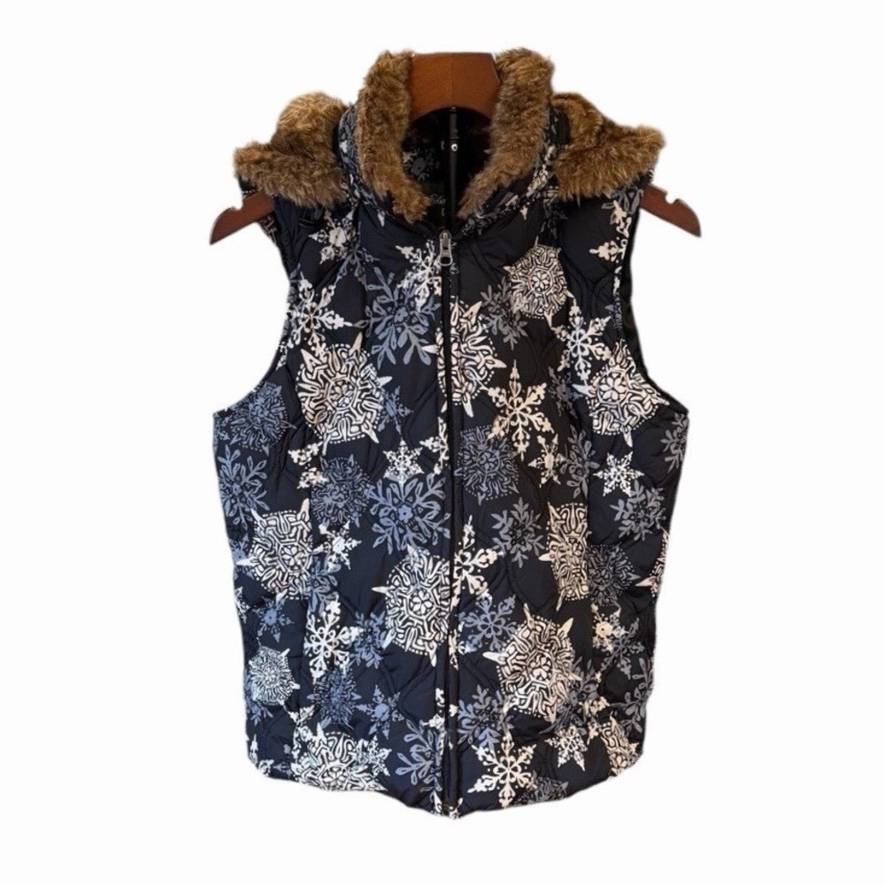 Eddie Bauer Goose Down Vest Navy Snowflakes Quilted Faux Fur Collar Gorpcore‎ M